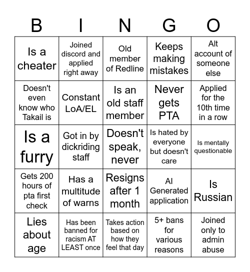 Redline Staff Bingo Card