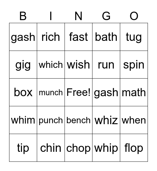 -ch, -wh words BINGO Card