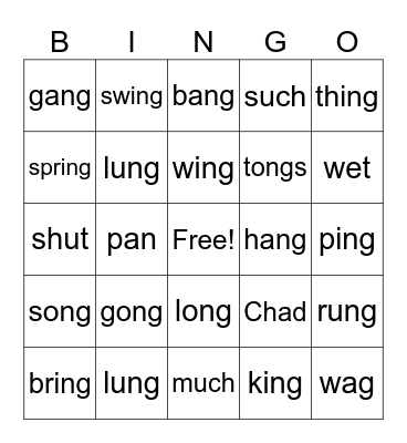 -ng words Bingo Card