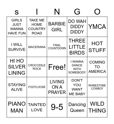 The Gin Singers Bingo Card