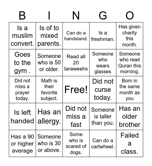 Ramadan Bingo Event Bingo Card