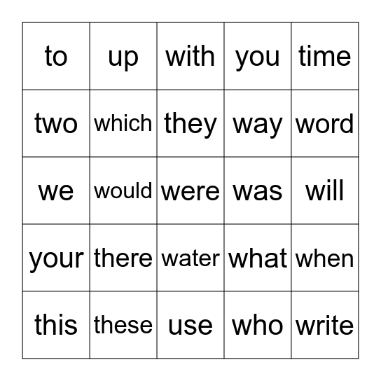 Sight Words Bingo Card