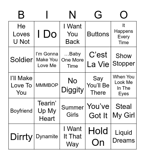 Boy/Girl Band Singo! Bingo Card