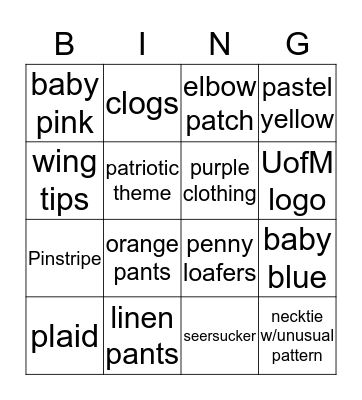 Fashion bingo Card