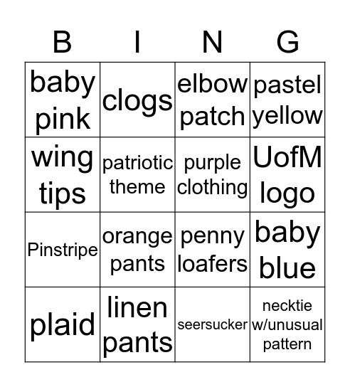 Fashion bingo Card