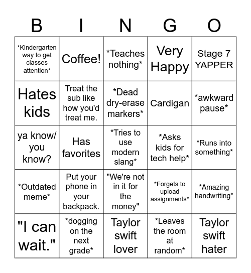 Teacher Tendencies Bingo Card