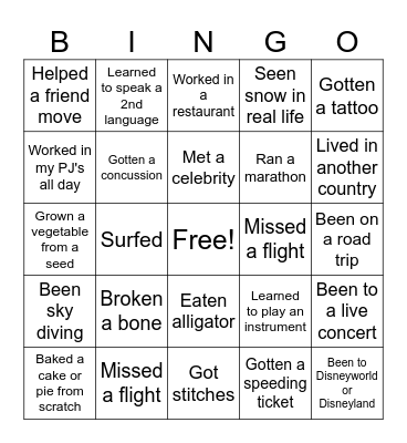 Life Experience - Never Have I Ever Bingo Card