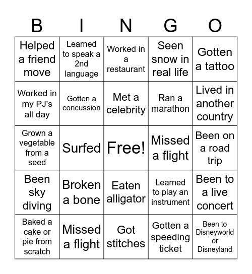 Life Experience - Never Have I Ever Bingo Card