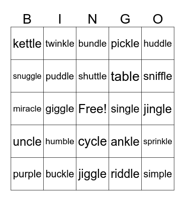 Consonant -le Bingo Card