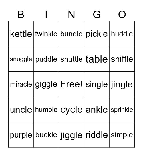 Consonant -le Bingo Card