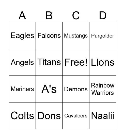 Mascot Bingo Card