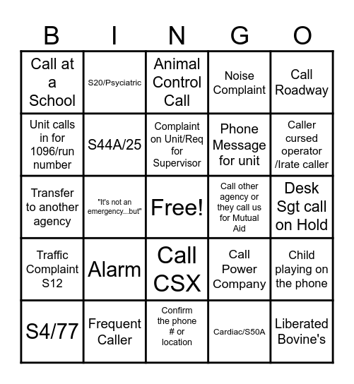 ECC Call Taker Bingo Card