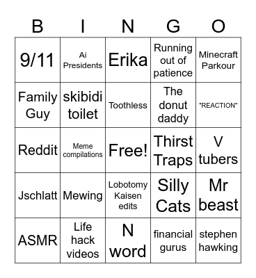 youtube shorts/Ig reels Bingo Card