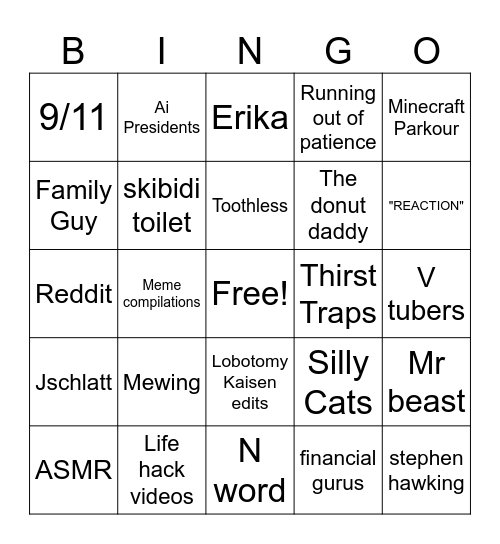 youtube shorts/Ig reels Bingo Card