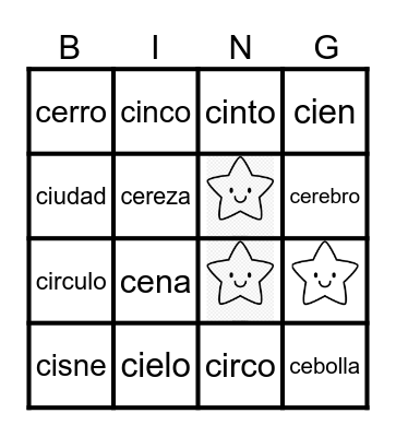 Palabras con ce ci Bingo Card
