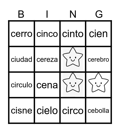 Palabras con ce ci Bingo Card