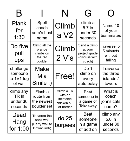 Climbing Bingo 3/28 Bingo Card