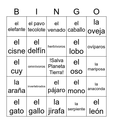 Animales - Mr. Kelly Bingo Card