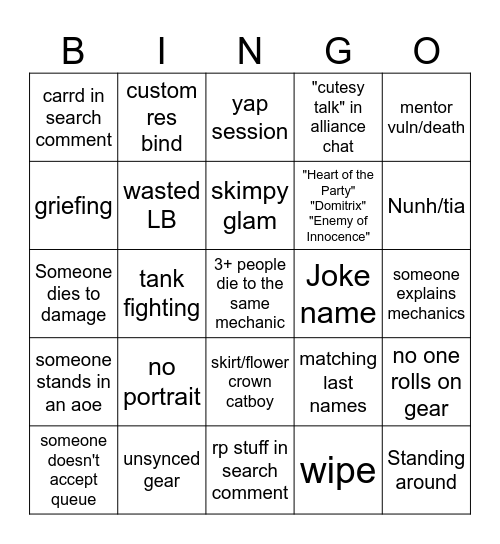 Alliance Raid Bingo Card