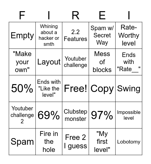 Geometry Dash bingo Card