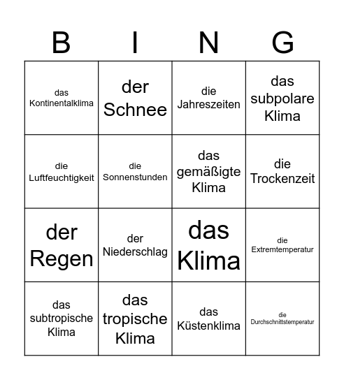 Klimazonen Bingo Card