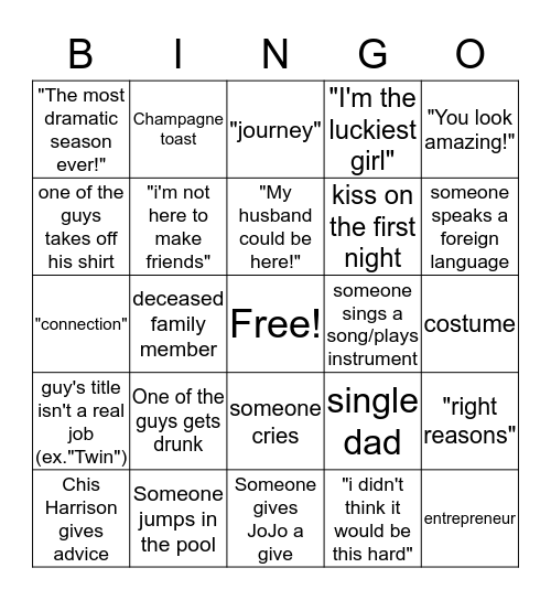 JoJo Bachelorette Bingo! Bingo Card