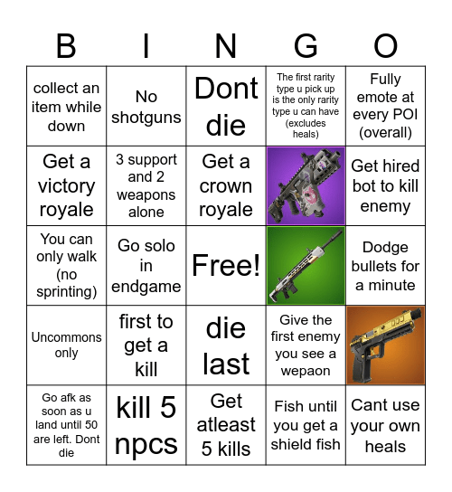 Fortnite Challenge Bingo Card