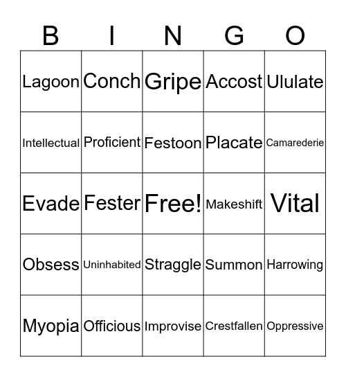 Lord Of the Flies Vocabulary Bingo Card