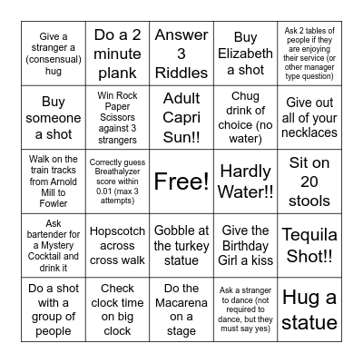 Woodstock Bar Hop Bingo Card