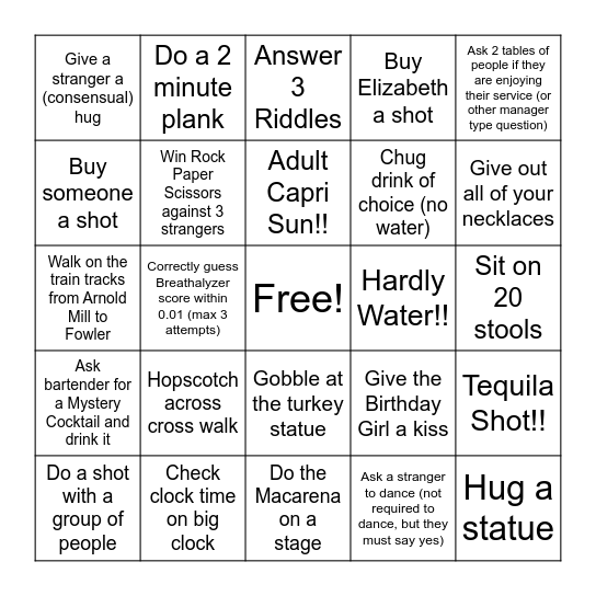 Woodstock Bar Hop Bingo Card