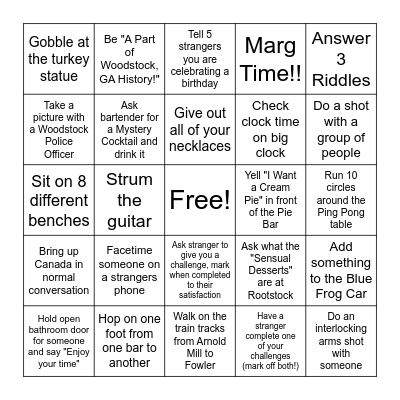 Woodstock Bar Hop Bingo Card