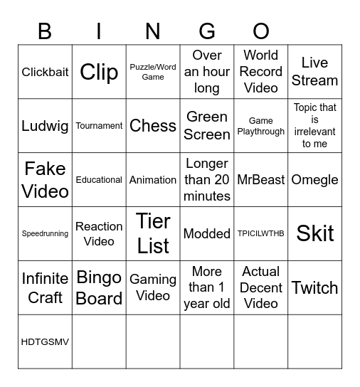 Youtube Bingo Card