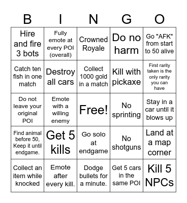 Fortnite Bingo Redux Bingo Card