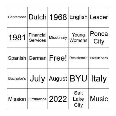 Latter-Day Lady Leaders Bingo Card