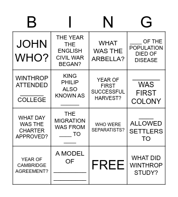 John Wintrop Bingo Card