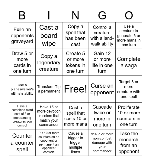 Commander Bingo Card