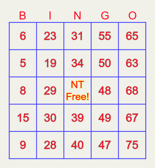 NT Ranong Bingo 1-75 Bingo Card