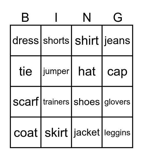 CLOTHES Bingo Card