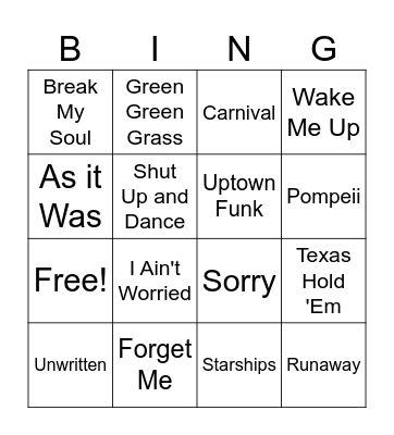 Pop Songs Bingo Card