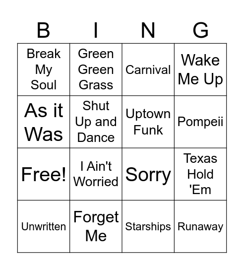 Pop Songs Bingo Card