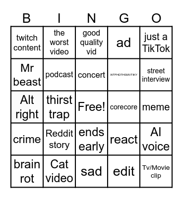 Youtube shorts Bingo Card