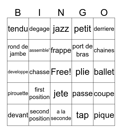 Dance Words Bingo Card