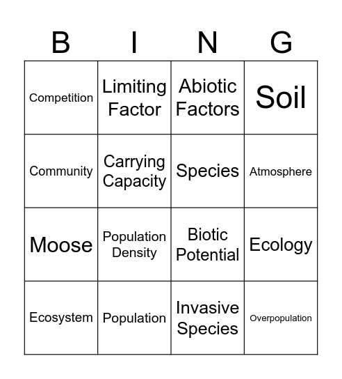 Ecology Bingo Card