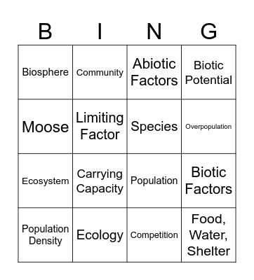 Ecology Bingo Card