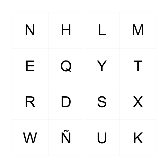 Spanish Alphabet Bingo Card