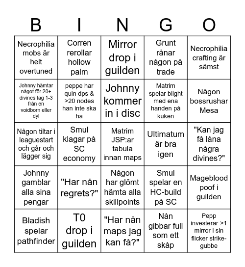 Necrophilia League Bingo Card