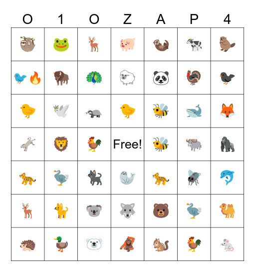 122 odgłosy zwierząt🐔 Bingo Card