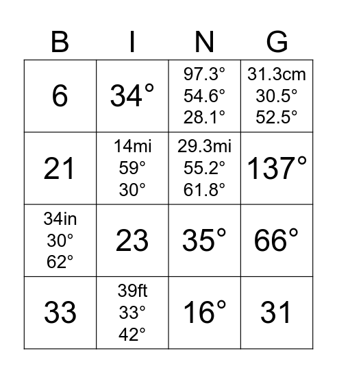 Law of Cosines Bingo Card