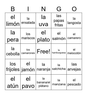 La comida palabras Bingo Card