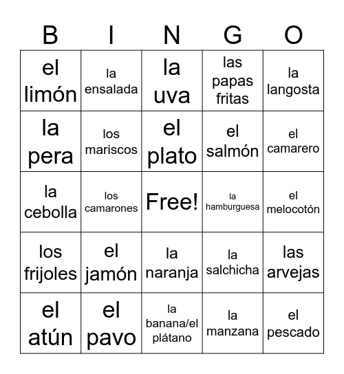 La comida palabras Bingo Card